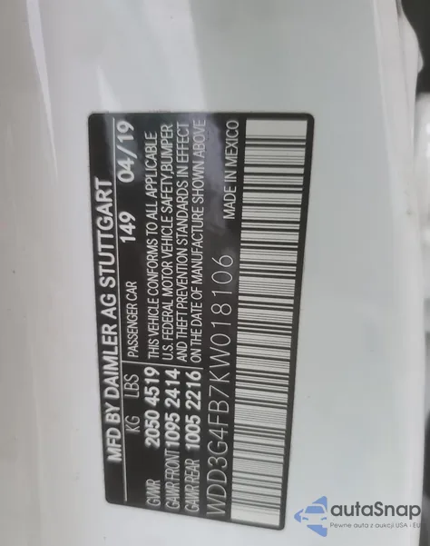 2019 Mercedes-Benz A 220 4Matic z USA, uszkodzony, nr VIN WDD3G4FB7KW018106